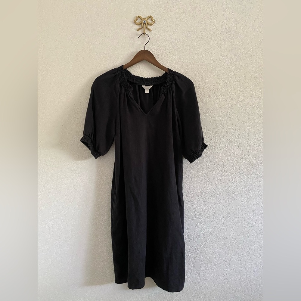 Garnet Hill Amelia Flax Linen Shift Dress Black Size 8 Beach Coastal Casual
